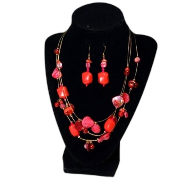 20'-inch Multi-Strand Illusion Necklace – Gold & Red Seashell Beads w/ Earrings - Picture 3 of 12